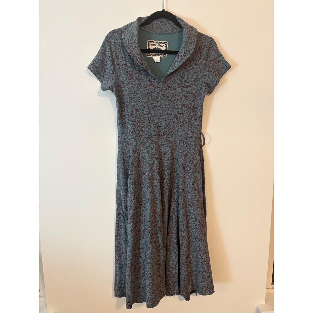 Effies Heart Teal Burgundy Leaf Print Shawl Collar Midi Dress Pockets Large